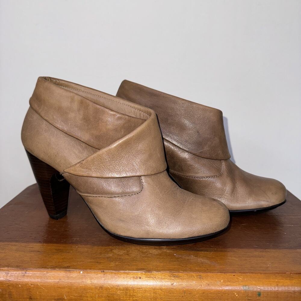 Y2K Brown Leather Ankle Boots Stacked Heel Retro 70s Fairy 9 - Picture 1 of 8